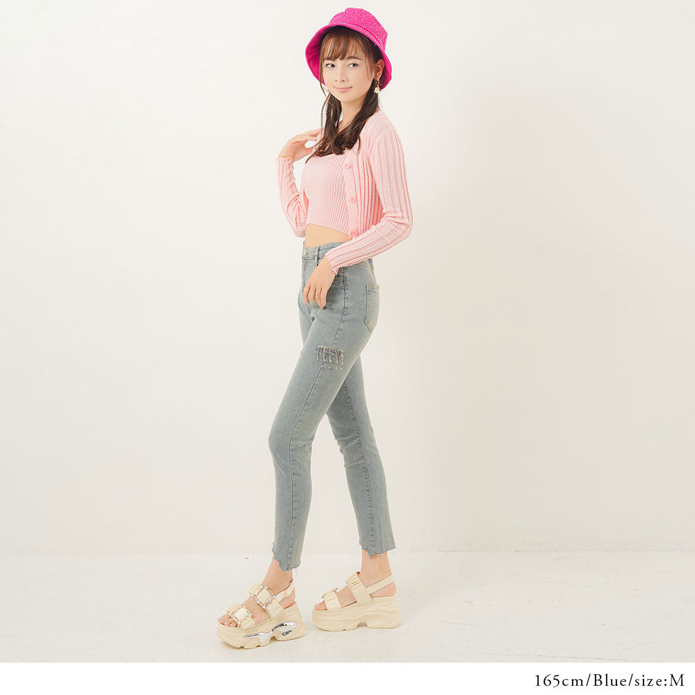 脚ビジュー魅せストレッチスキニーデニムパンツ – レディース