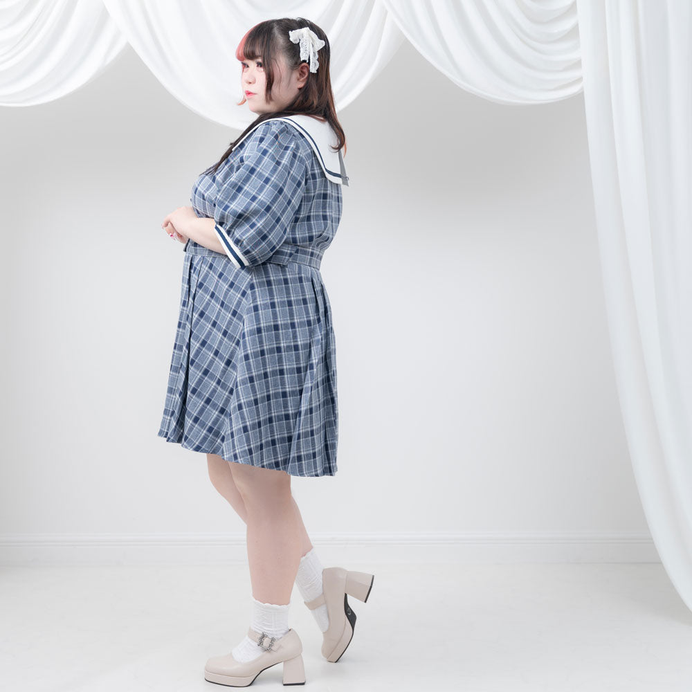 セーラーカラーサイドプリーツ半袖ワンピース – レディース