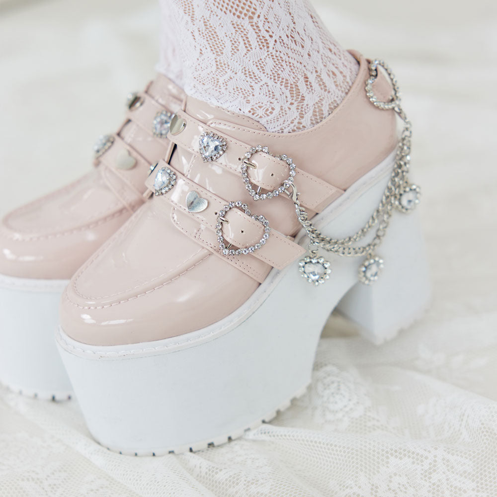 キラキラハートチャームチェーン付きダブルハートローファー