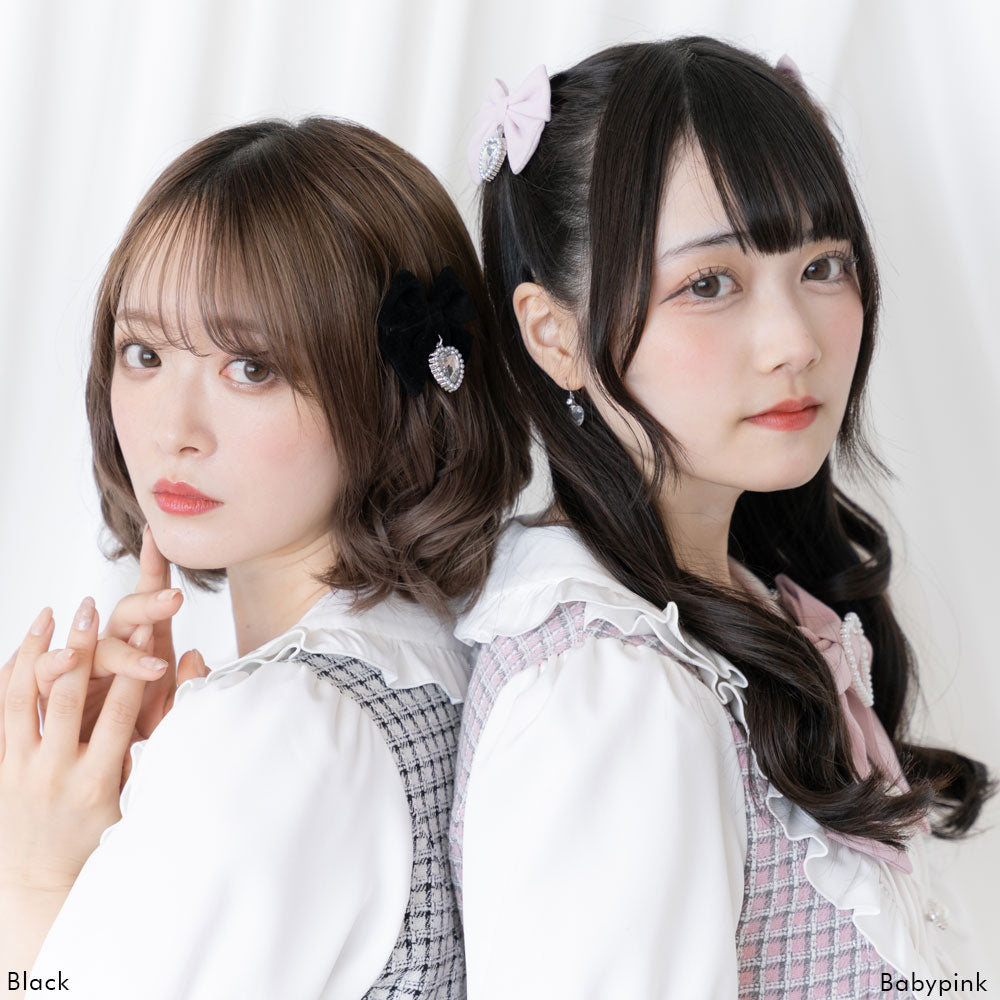 ちびベロアリボンハートパールツインヘアクリップ2個セット