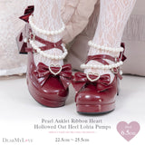 パールアンクレットリボンハートくり抜きヒールロリータパンプス【大きいサイズ有】