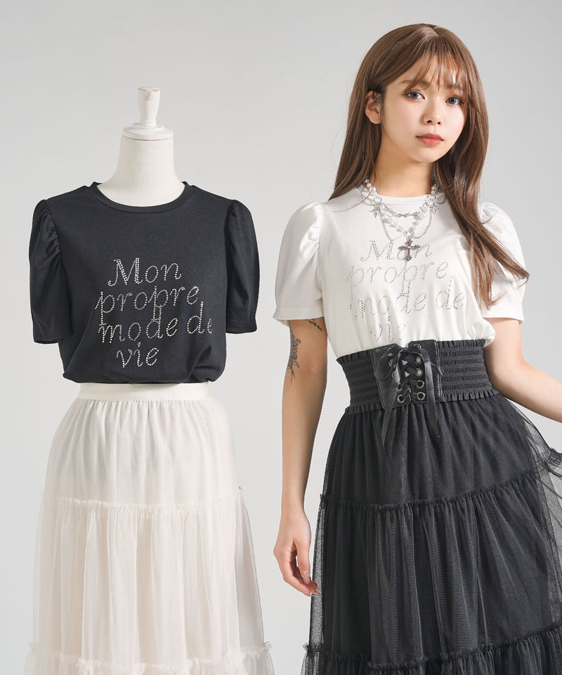 【メール便】ストーンロゴパフスリーブTシャツカットソートップス