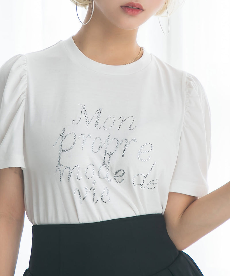 【メール便】ストーンロゴパフスリーブTシャツカットソートップス