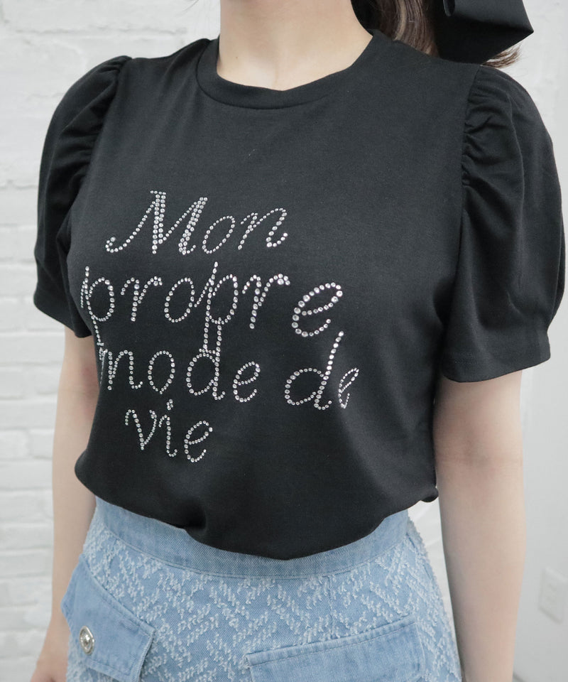 【メール便】ストーンロゴパフスリーブTシャツカットソートップス