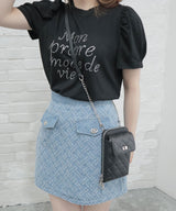 【メール便】ストーンロゴパフスリーブTシャツカットソートップス