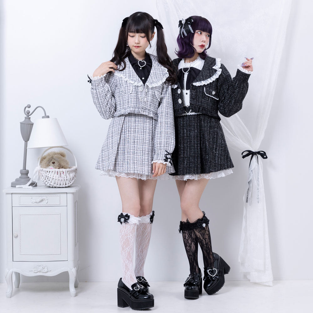 ハンドメイド♡春ツイードレースツイン ピンク ツイードスーツ S-L ピンク ミニ 大人可愛い レース縁取り QKX