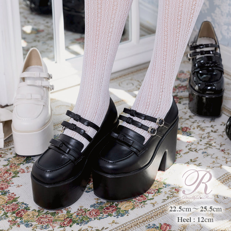 トリプルリボン厚底ローファーパンプス【大きいサイズ有】