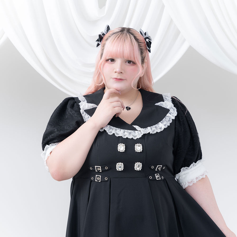 CUTE♡ LOVE】キッズワンピース レース ビジュー 裏地 綿 白黒 とがらす