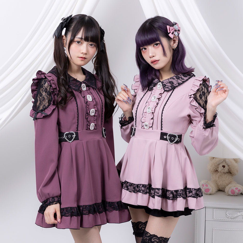 新品未使用　miniyu　キラキラビジューワンピース　Autrice　ピンク キラキラビジューレース重ねフリルワンピース – レディース