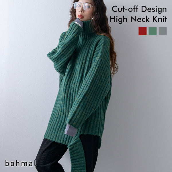 カットオフデザインハイネックメランジニット