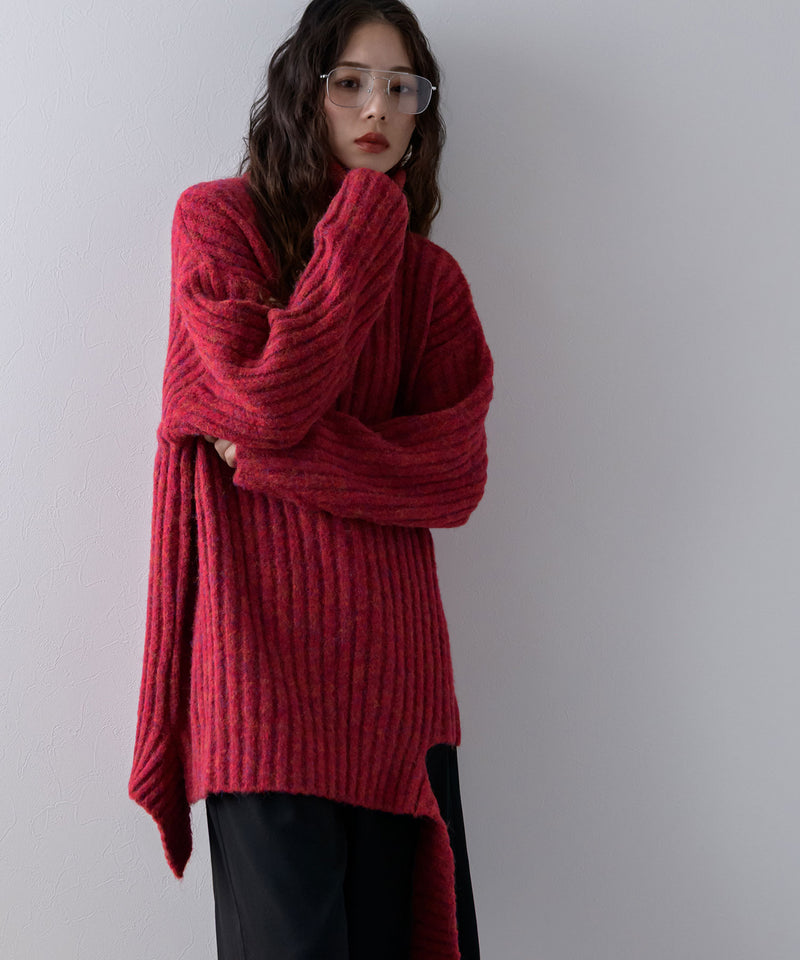 カットオフデザインハイネックメランジニット