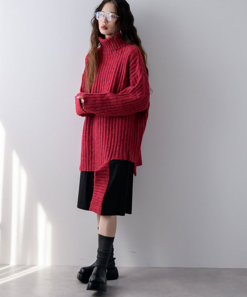 カットオフデザインハイネックメランジニット