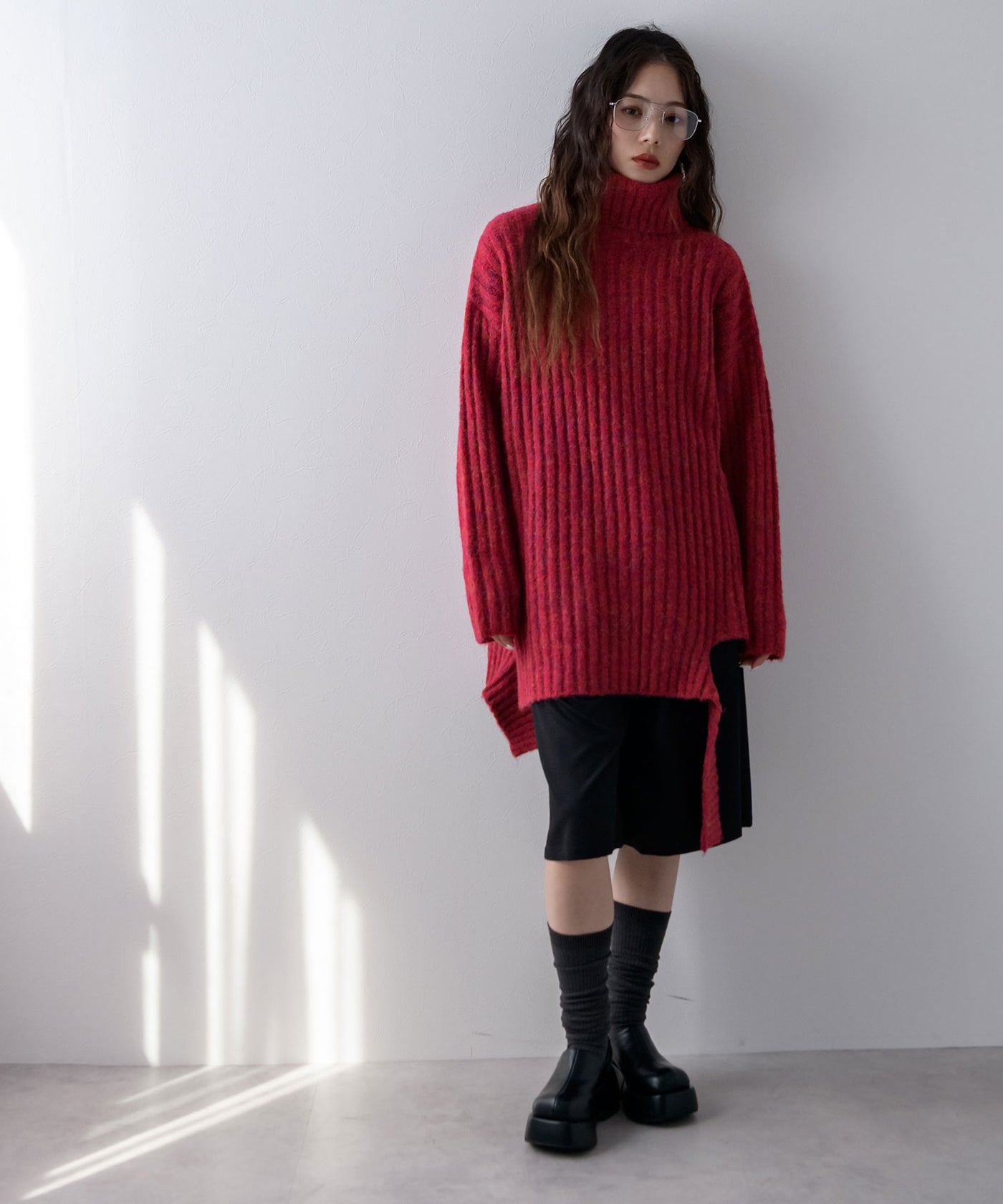 カットオフデザインハイネックメランジニット – レディース