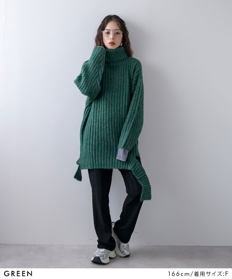 カットオフデザインハイネックメランジニット