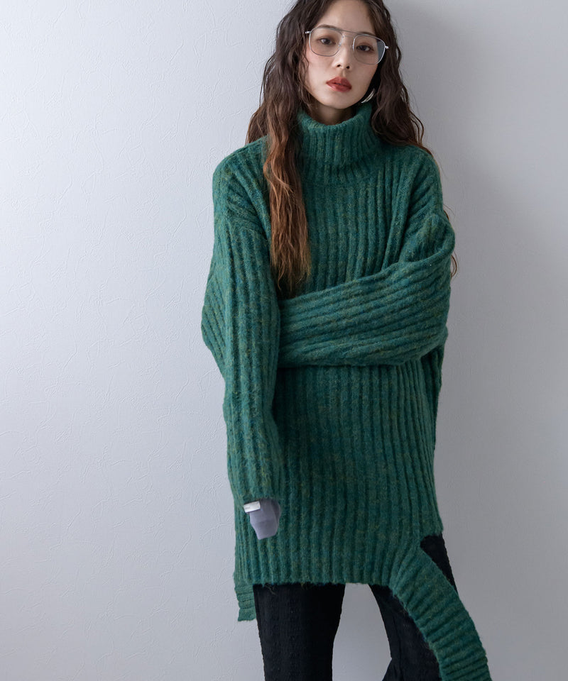 カットオフデザインハイネックメランジニット