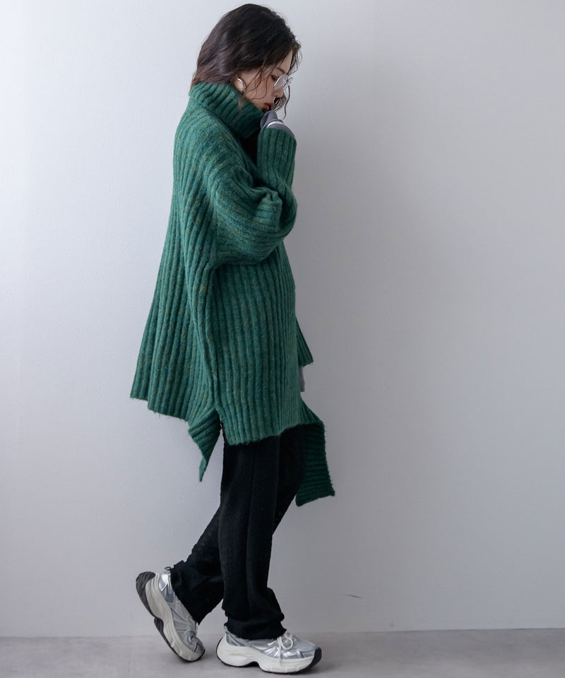 カットオフデザインハイネックメランジニット