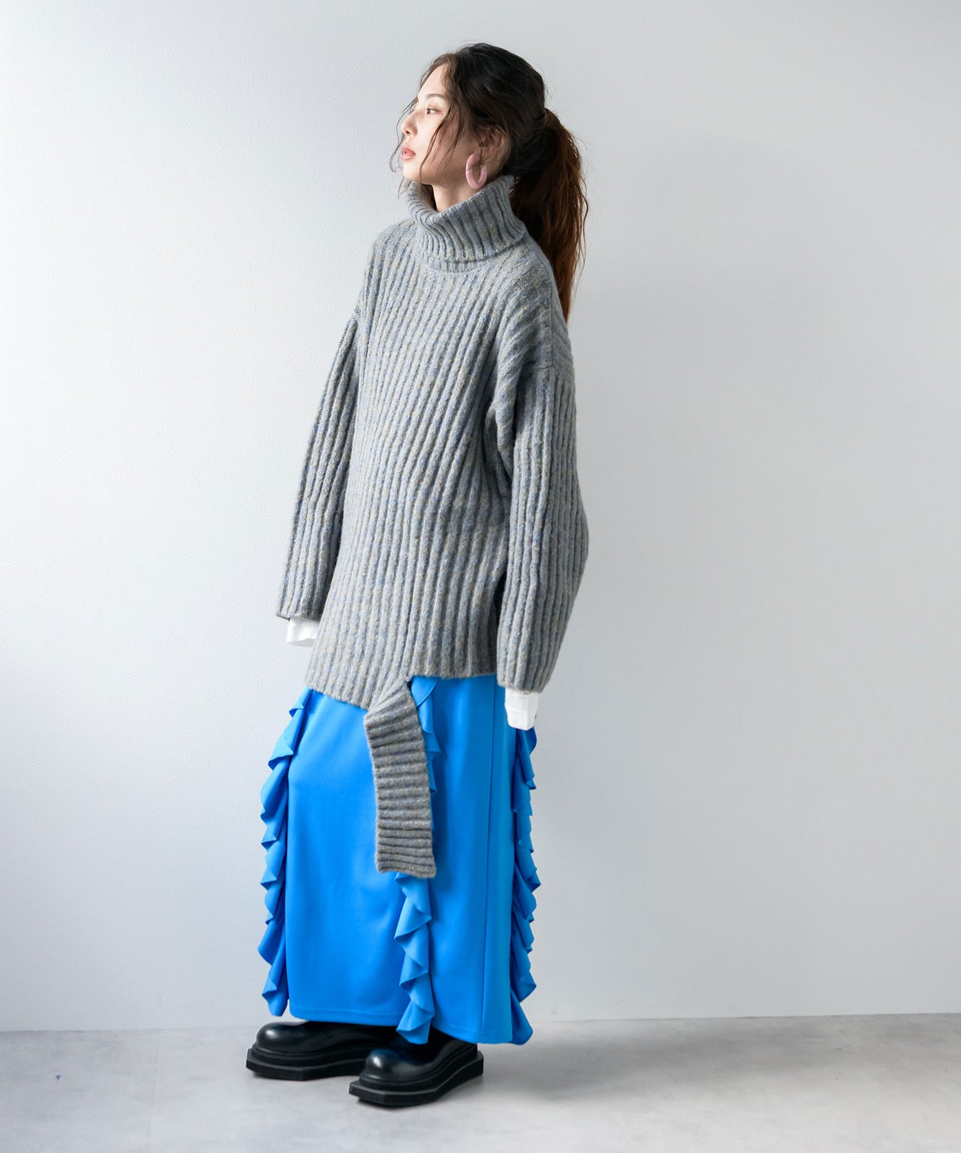 カットオフデザインハイネックメランジニット – レディース