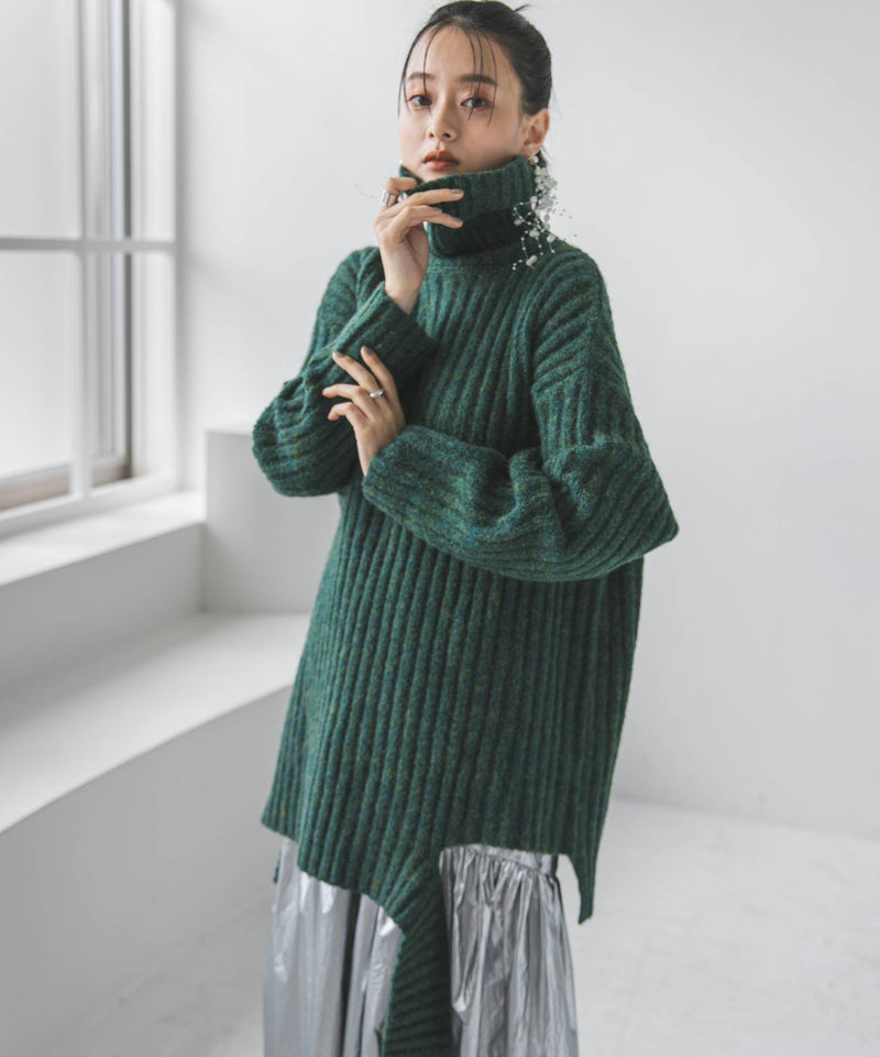 カットオフデザインハイネックメランジニット