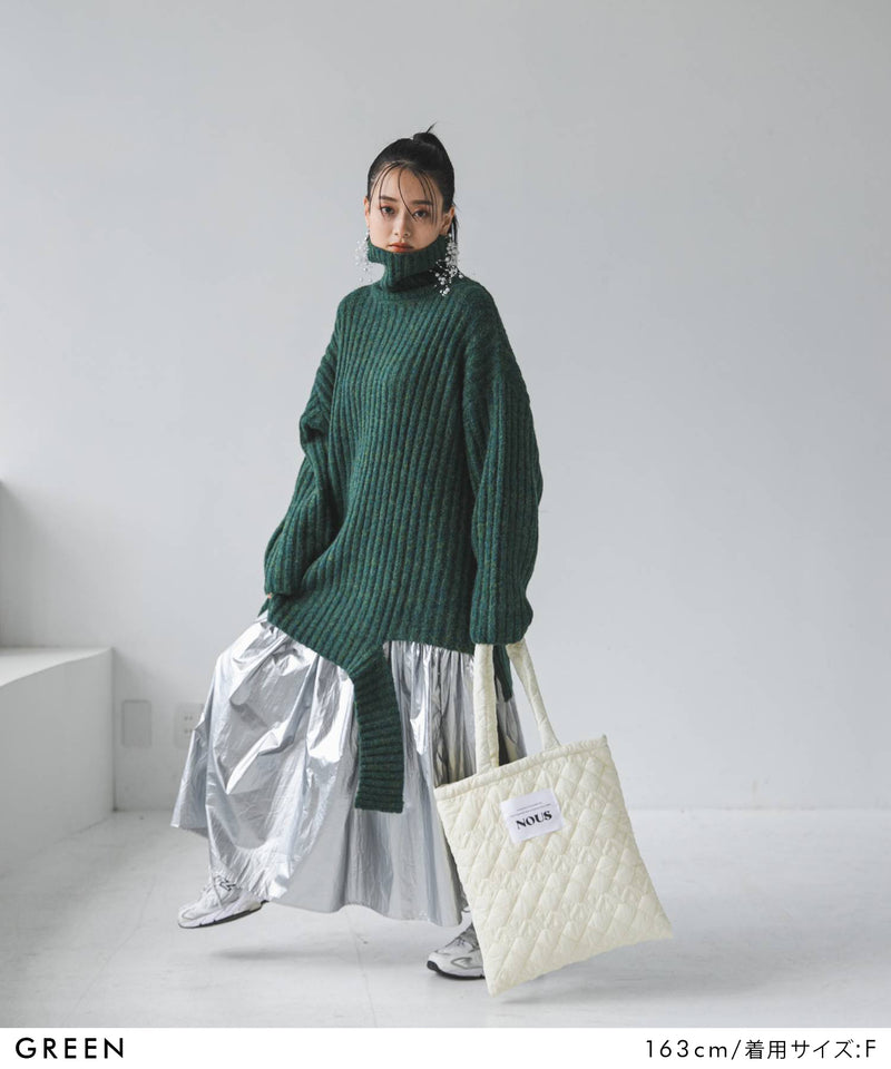 カットオフデザインハイネックメランジニット