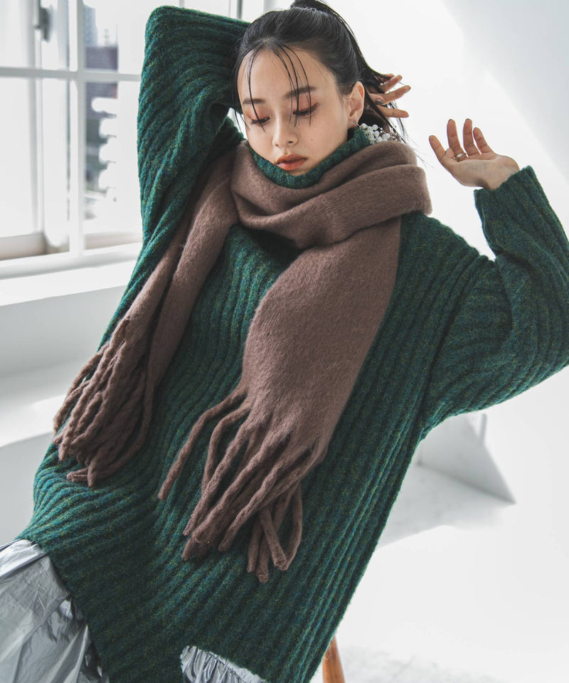 カットオフデザインハイネックメランジニット