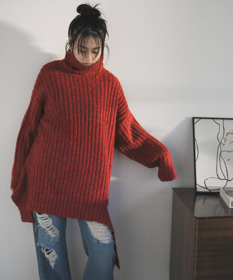 カットオフデザインハイネックメランジニット