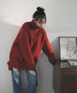 カットオフデザインハイネックメランジニット