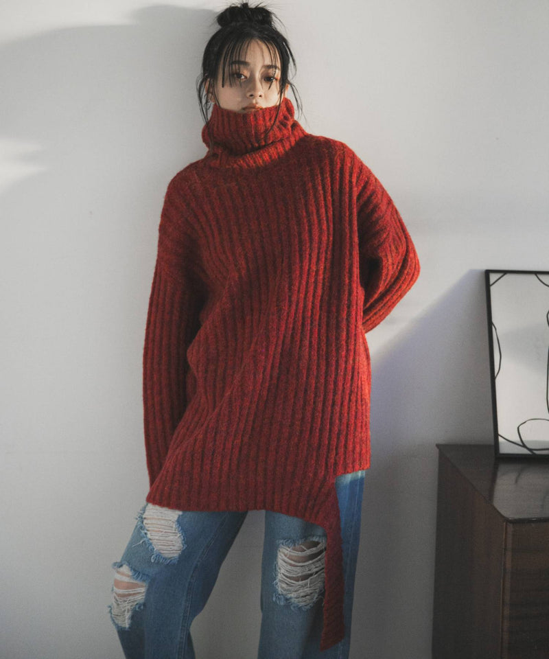 カットオフデザインハイネックメランジニット