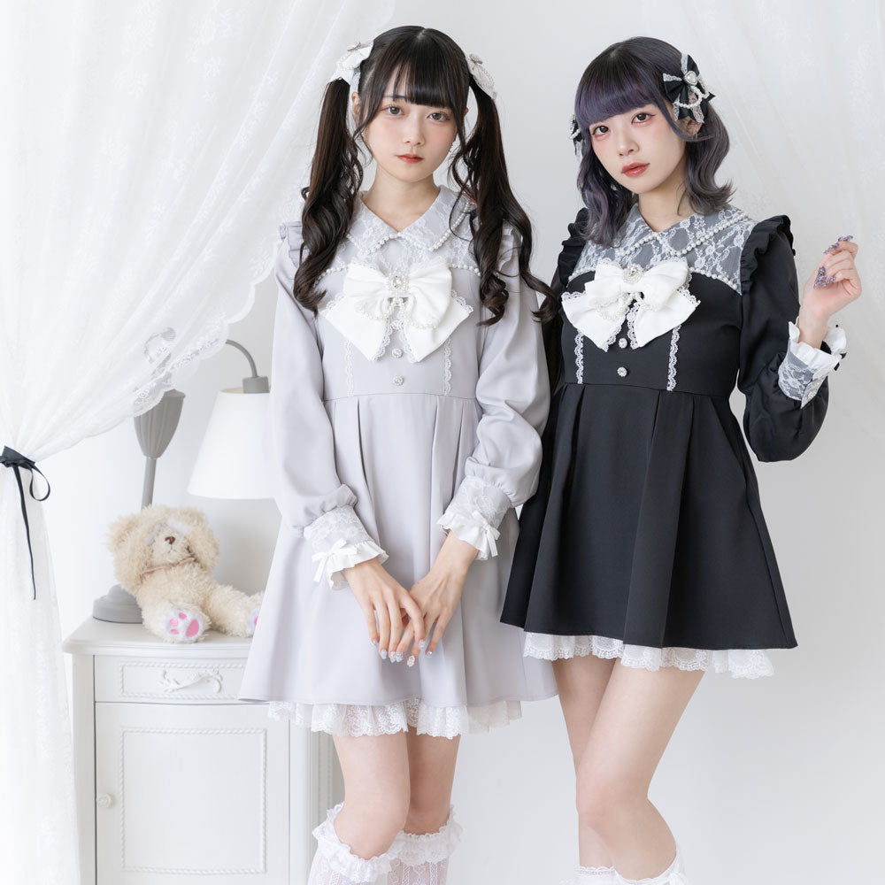 レース重ねパールリボンお嬢様ワンピース – レディースファッション