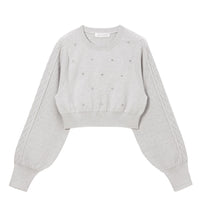 ラインストーンドットショートニットトップス