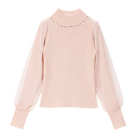 袖チュールラウンドビジューハイネックニットトップス