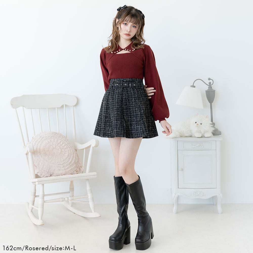 デコルテオープンチェックニットトップス デコルテオープンチェックニットトップス