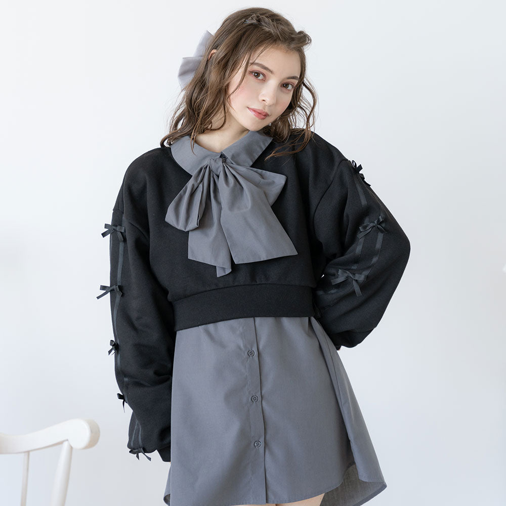 美品✳︎サカイ 異素材切替えボウタイチュニックシャツ ワンピース リボンブラウス 美品✳︎サカイ 異素材切替えボウタイチュニックシャツ