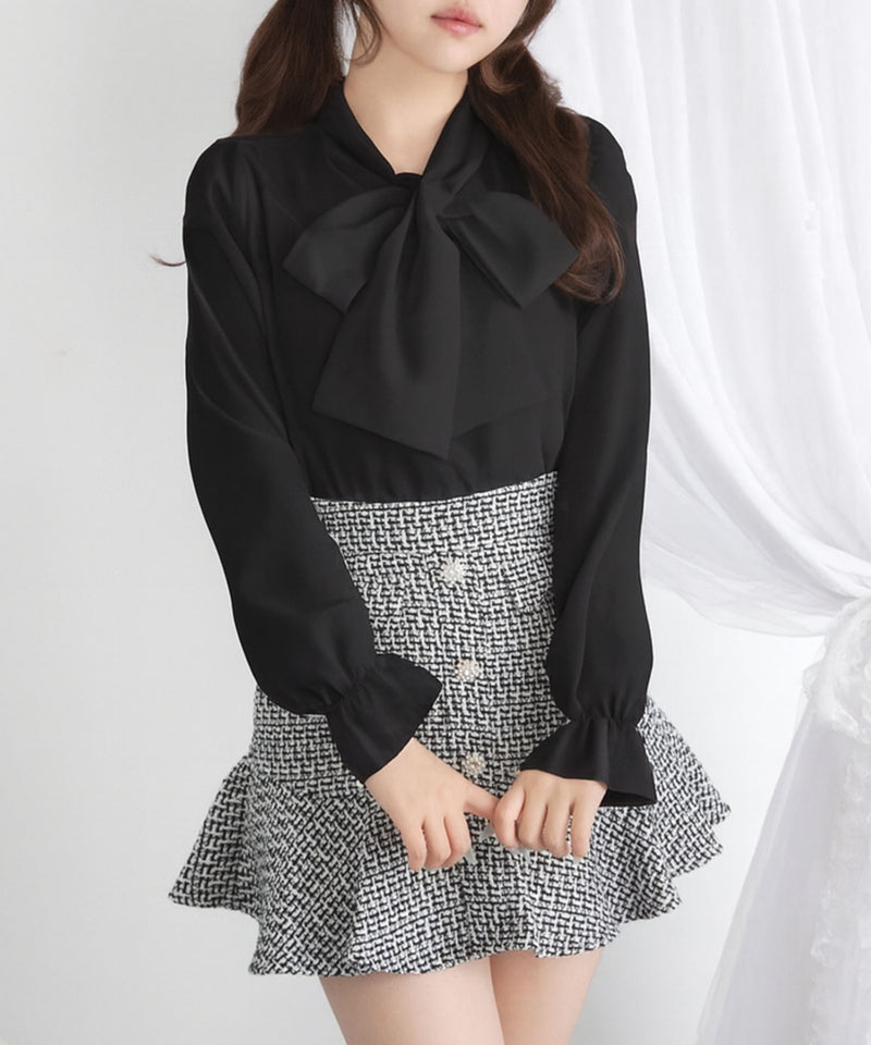 【メール便】シンプルボウタイシャツブラウス　#シワになりにくい【大きいサイズ有り】