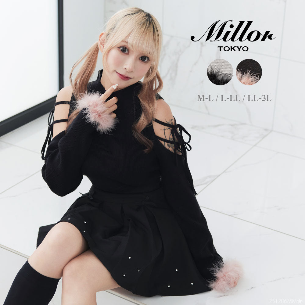 【早い者勝ち】 ラブティックボンボン　オフショルリボン付きリブニット　ブラック 最強モテ】オフショルリボン付きリブニット | La boutique