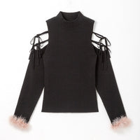 ショルダーリボンハイネックリブニット