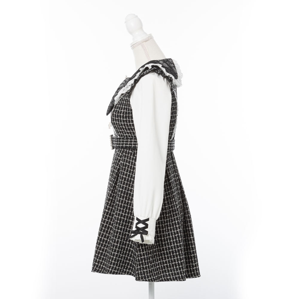 リボン襟風レースビジューツイードワンピース – レディース