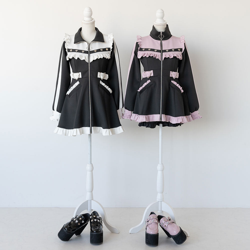 LLサイズDearMyLove フリルたっぷりジャージワンピース 黒ピンク夢展望 Timesale対象】【送料無料】フリルたっぷりメイドジャージ