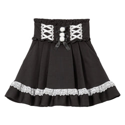 レースアップポンポンリボンフレアスカート