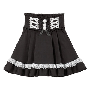 レースアップポンポンリボンフレアスカート