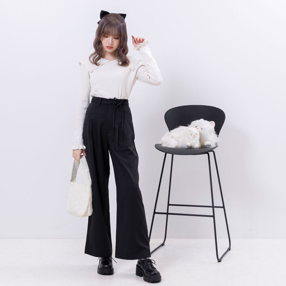 リボンベルト付シンプルタックワイドパンツ – レディースファッション 