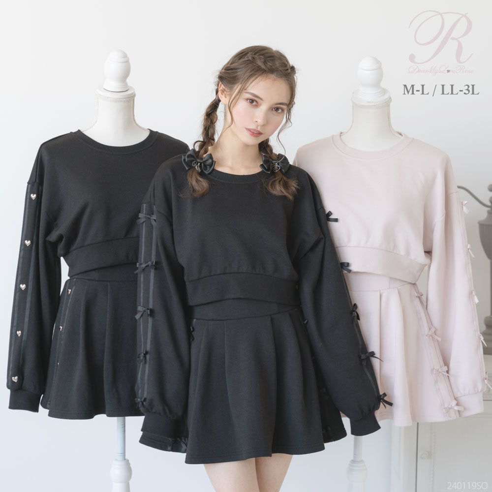 【レディースOT(XL)】黒　クロップド丈　スウェット callautia（カラウティア） トレーナー スウェット シャツレイヤード