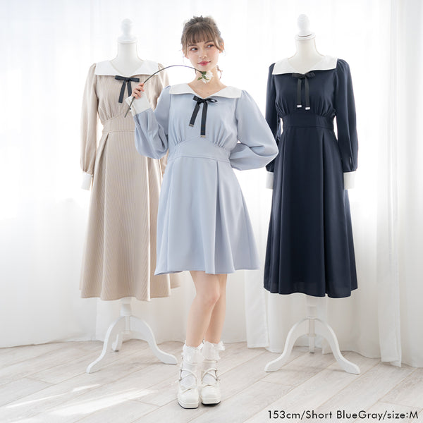 【まとめ買い】【送料無料】角衿レトロリボンワンピース