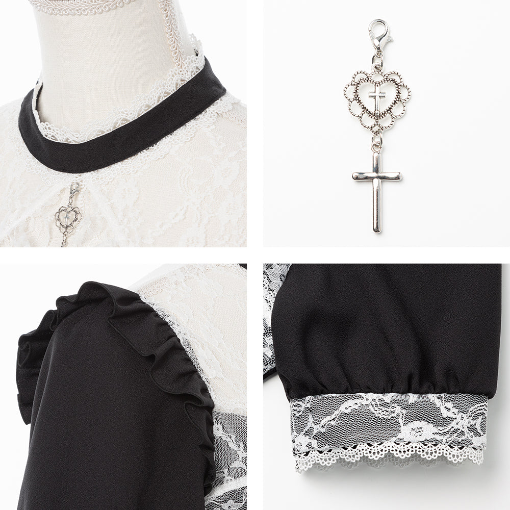 十字架レースフリルハートチャームブラウス – レディース