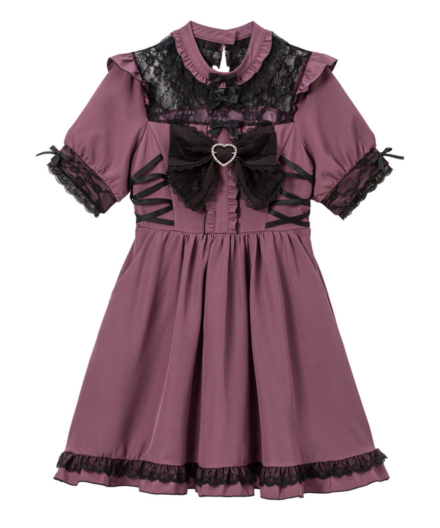 ハートビジューリボンヨークフリルサイドレースアップワンピース