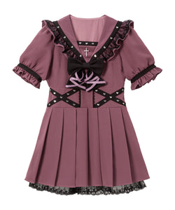 十字架レースフリルハートクロスベルトセーラーワンピース