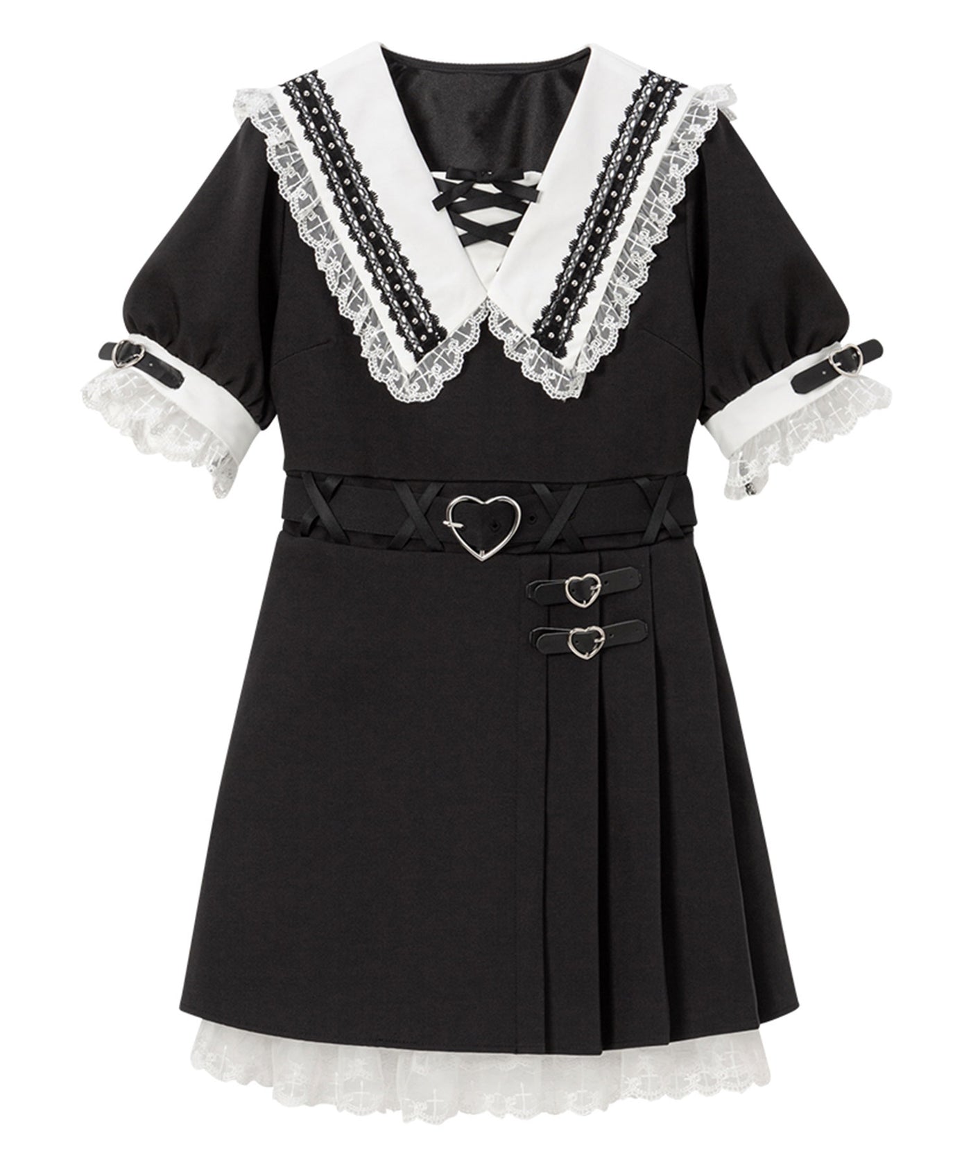 ハートベルト角襟レースアップワンピース – レディースファッション