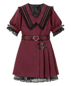 ハートベルト角襟レースアップワンピース