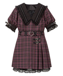 ハートベルト角襟レースアップワンピース