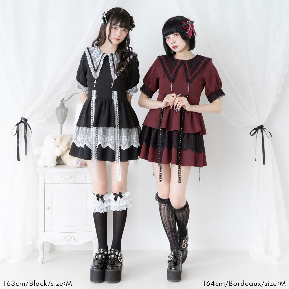 十字架チャーム角襟レースティアードワンピース – レディース