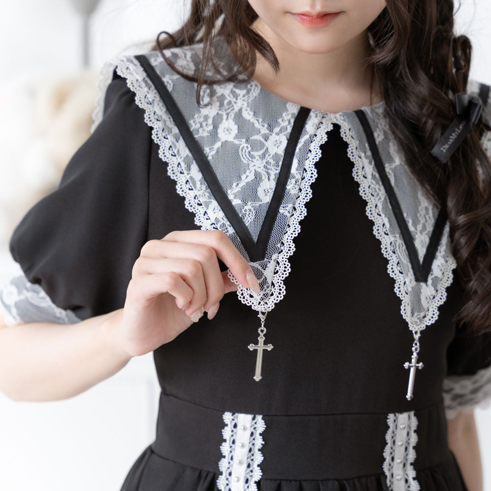 十字架チャーム角襟レースティアードワンピース – レディース